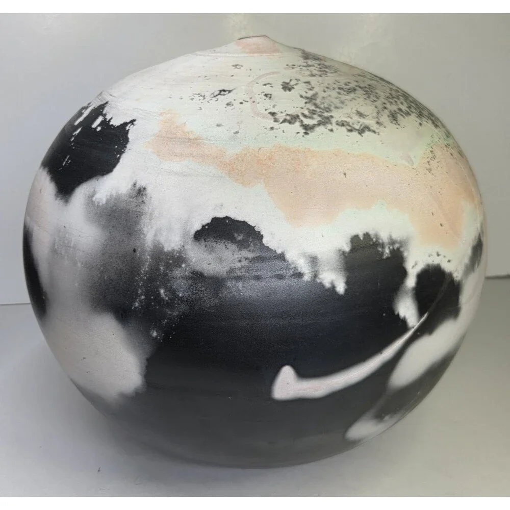 Ceramic Sphere Art Pottery Orb Signed Raku Round Sculpture Fire Pit Abstract